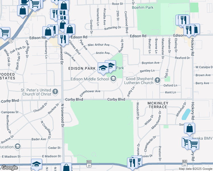 map of restaurants, bars, coffee shops, grocery stores, and more near in South Bend