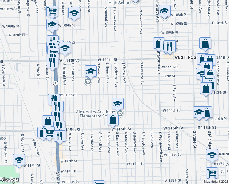 map of restaurants, bars, coffee shops, grocery stores, and more near 11252 South Eggleston Avenue in Chicago