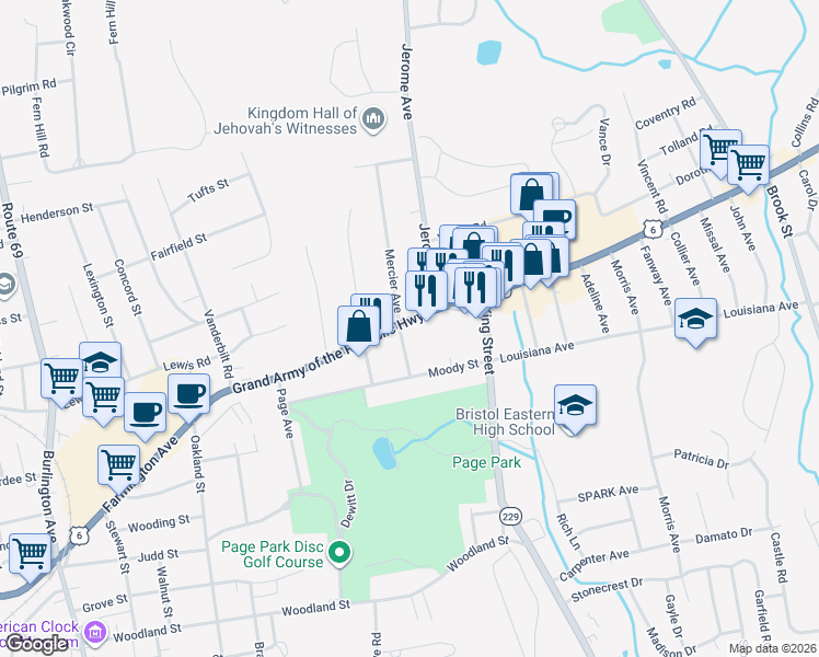 map of restaurants, bars, coffee shops, grocery stores, and more near 455 Farmington Avenue in Bristol