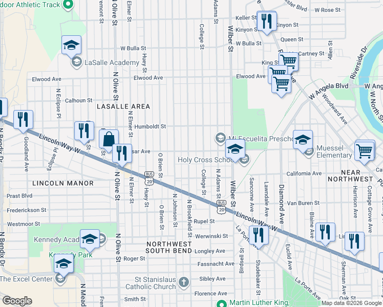 map of restaurants, bars, coffee shops, grocery stores, and more near 1809 Vassar Avenue in South Bend