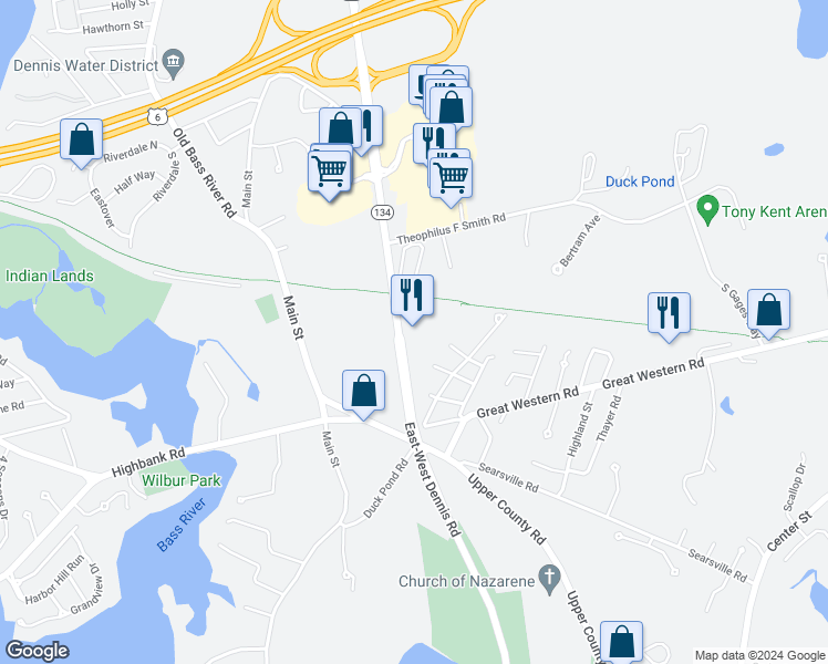 map of restaurants, bars, coffee shops, grocery stores, and more near 430 Massachusetts 134 in Dennis
