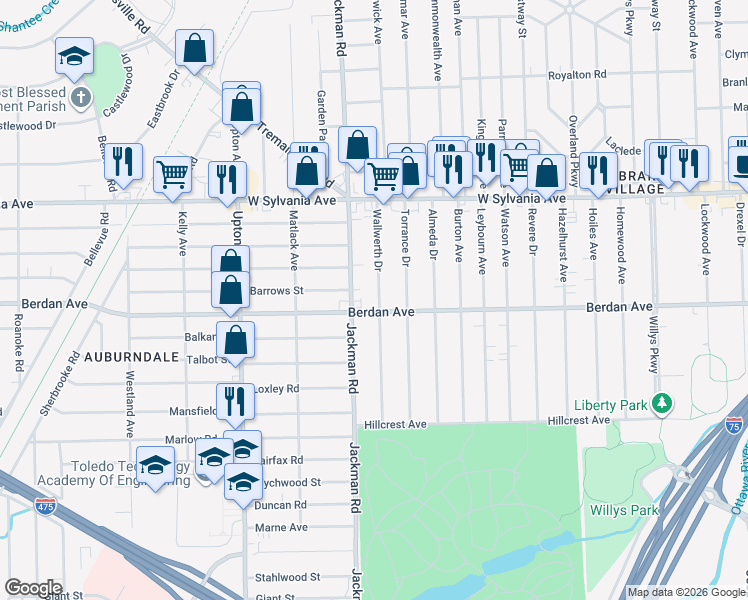 map of restaurants, bars, coffee shops, grocery stores, and more near 3828 Wallwerth Drive in Toledo