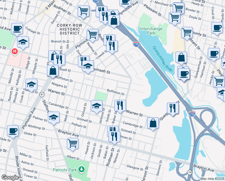 map of restaurants, bars, coffee shops, grocery stores, and more near 49 York Street in Fall River