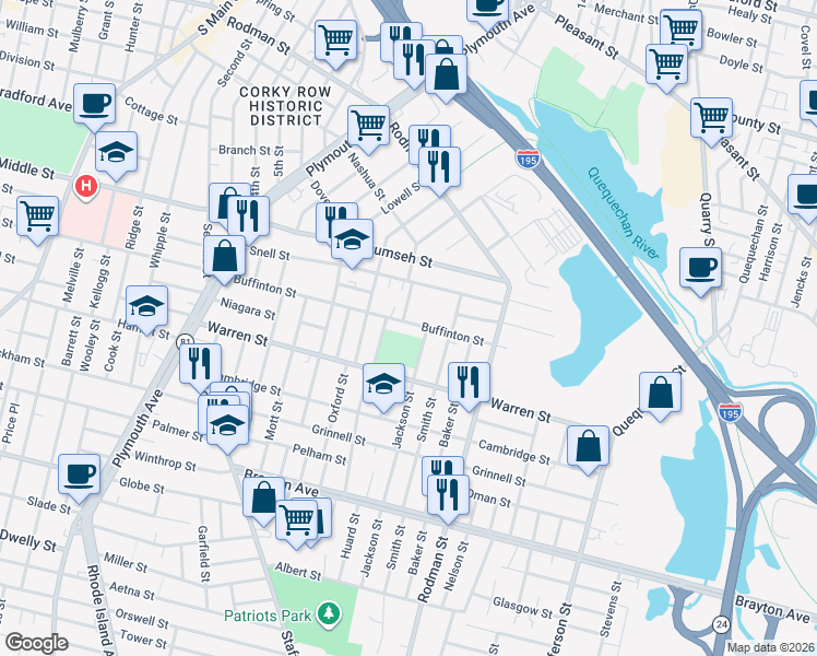 map of restaurants, bars, coffee shops, grocery stores, and more near 414 Buffinton Street in Fall River