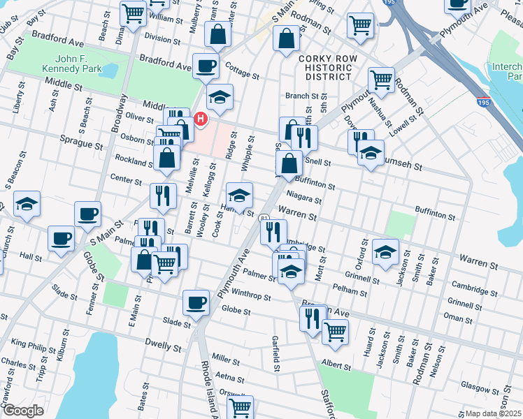 map of restaurants, bars, coffee shops, grocery stores, and more near 1009 Plymouth Avenue in Fall River