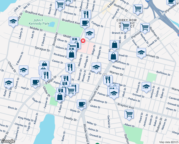 map of restaurants, bars, coffee shops, grocery stores, and more near 172 Hamlet Street in Fall River