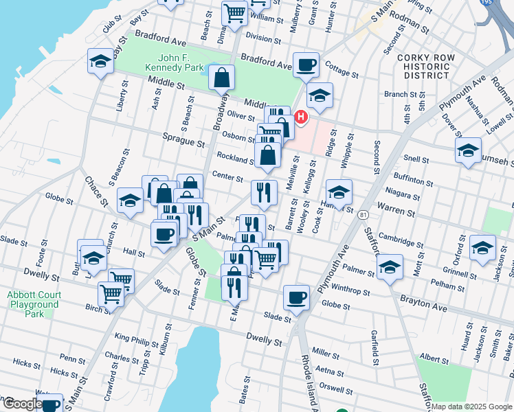 map of restaurants, bars, coffee shops, grocery stores, and more near 9 Hamlet Street in Fall River