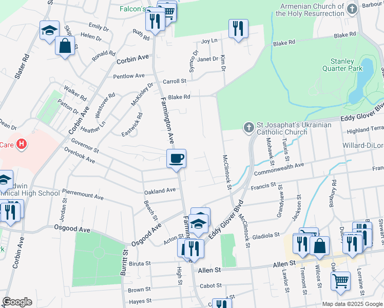map of restaurants, bars, coffee shops, grocery stores, and more near 427 Farmington Avenue in New Britain