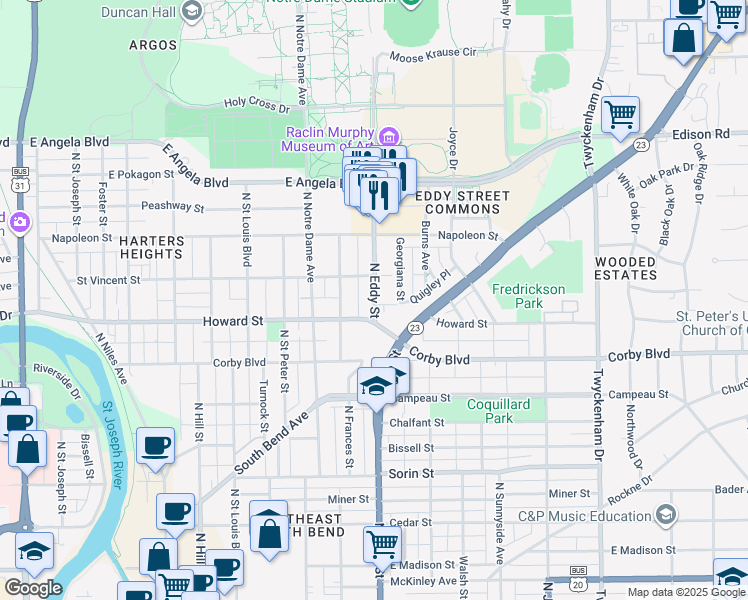 map of restaurants, bars, coffee shops, grocery stores, and more near 1028 North Eddy Street in South Bend