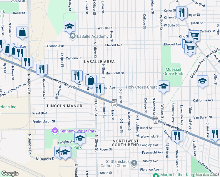map of restaurants, bars, coffee shops, grocery stores, and more near 1111 Huey Street in South Bend