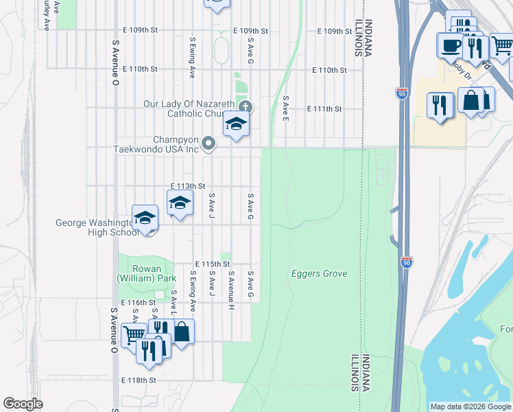 map of restaurants, bars, coffee shops, grocery stores, and more near 11315 South Avenue G in Chicago