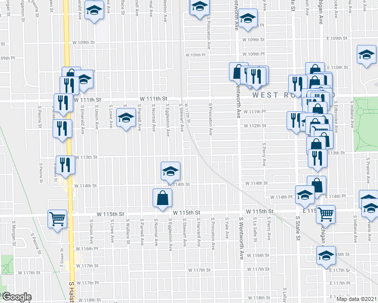 map of restaurants, bars, coffee shops, grocery stores, and more near 325 West 112th Place in Chicago