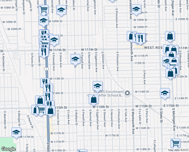 map of restaurants, bars, coffee shops, grocery stores, and more near 11237 South Normal Avenue in Chicago