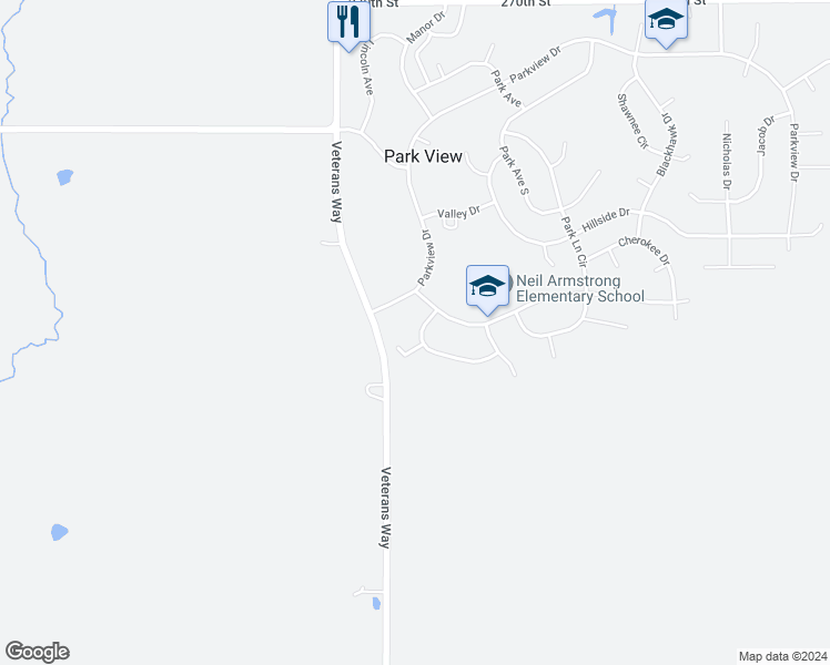 map of restaurants, bars, coffee shops, grocery stores, and more near 1-49 Crestview Dr in Eldridge