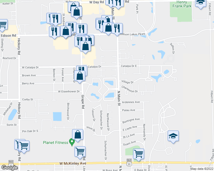 map of restaurants, bars, coffee shops, grocery stores, and more near 206 Remington Court in Mishawaka