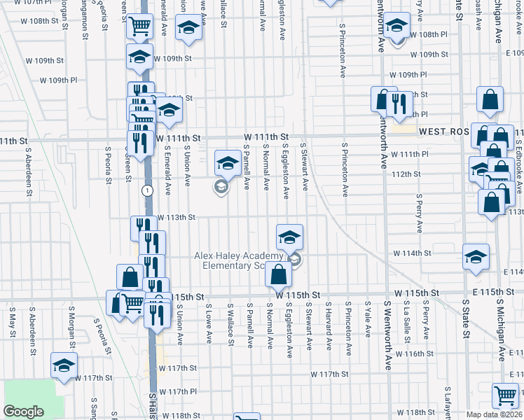 map of restaurants, bars, coffee shops, grocery stores, and more near 11252 South Normal Avenue in Chicago