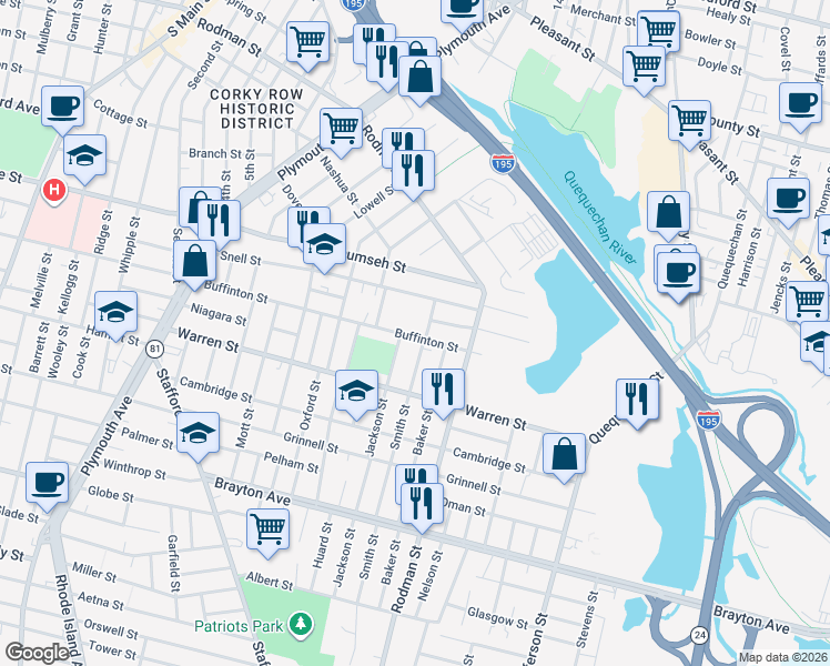 map of restaurants, bars, coffee shops, grocery stores, and more near 49 York Street in Fall River