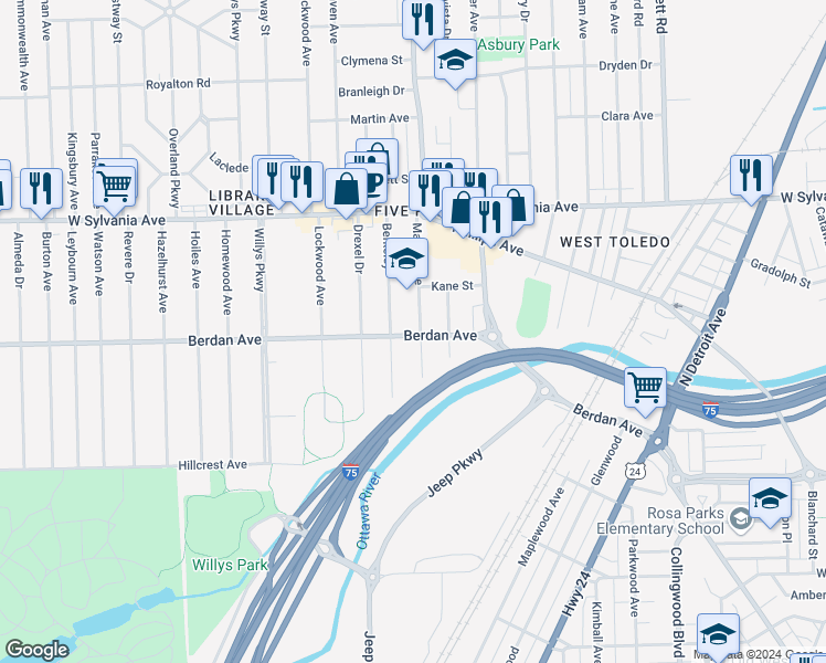 map of restaurants, bars, coffee shops, grocery stores, and more near 3801 Martha Avenue in Toledo