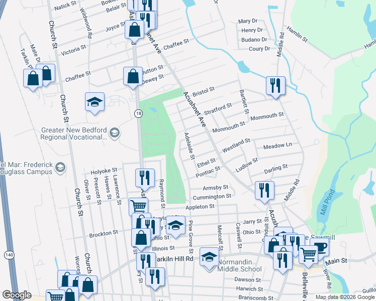 map of restaurants, bars, coffee shops, grocery stores, and more near 1043 Beckett Street in New Bedford