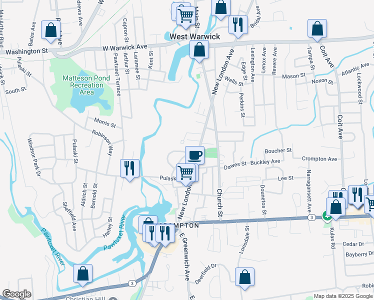 map of restaurants, bars, coffee shops, grocery stores, and more near 3 Hepburn Street in West Warwick