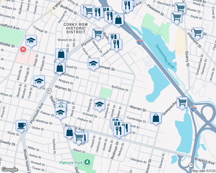 map of restaurants, bars, coffee shops, grocery stores, and more near 414 Buffinton Street in Fall River