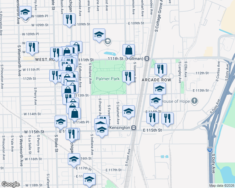 map of restaurants, bars, coffee shops, grocery stores, and more near 201 East 111th Street in Chicago