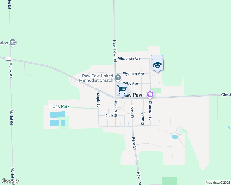 map of restaurants, bars, coffee shops, grocery stores, and more near 335 Flagg Street in Paw Paw