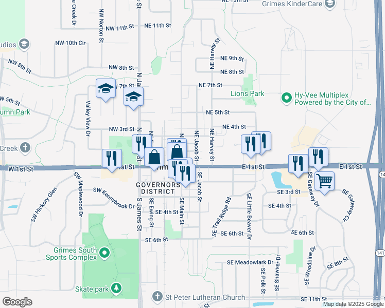 map of restaurants, bars, coffee shops, grocery stores, and more near 401 Northeast 2nd Street in Grimes