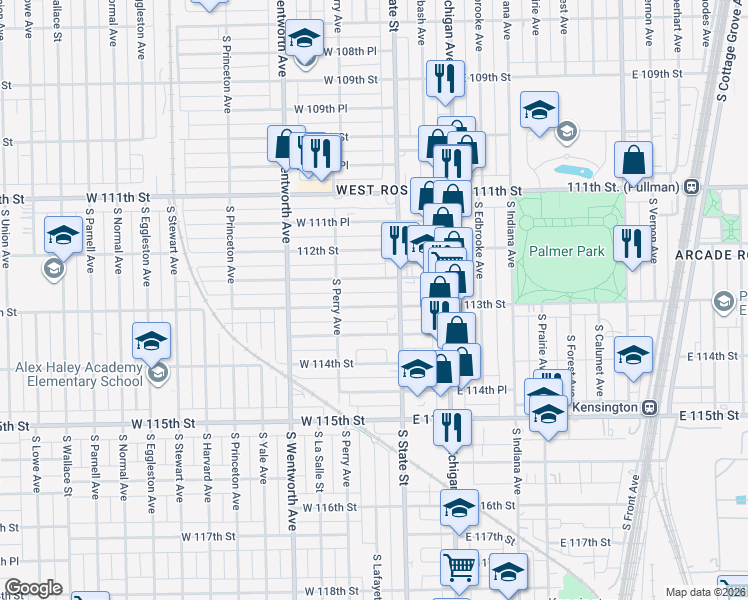 map of restaurants, bars, coffee shops, grocery stores, and more near 26 West 113th Street in Chicago