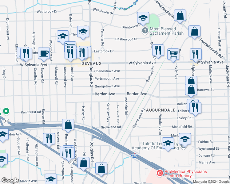 map of restaurants, bars, coffee shops, grocery stores, and more near 2338 Berdan Avenue in Toledo