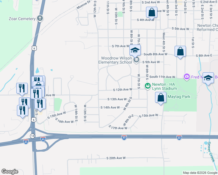 map of restaurants, bars, coffee shops, grocery stores, and more near 1118 Woodland Drive in Newton