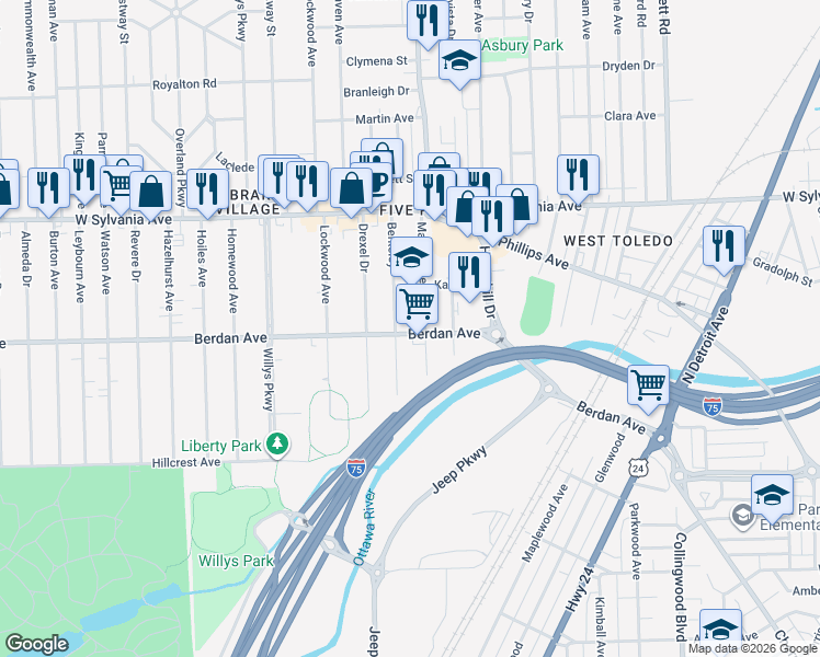 map of restaurants, bars, coffee shops, grocery stores, and more near 3814 Berkeley in Toledo