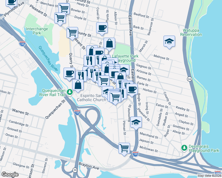 map of restaurants, bars, coffee shops, grocery stores, and more near 43 Claflin Street in Fall River