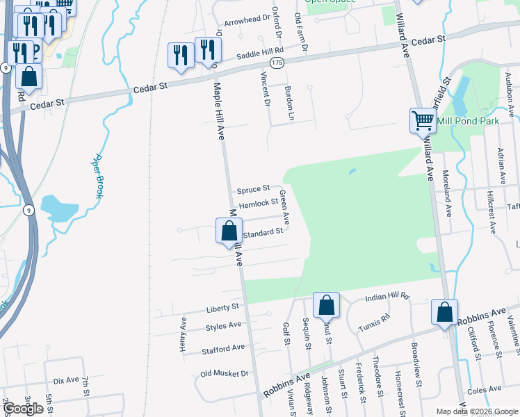 map of restaurants, bars, coffee shops, grocery stores, and more near 42 Hemlock Street in Newington