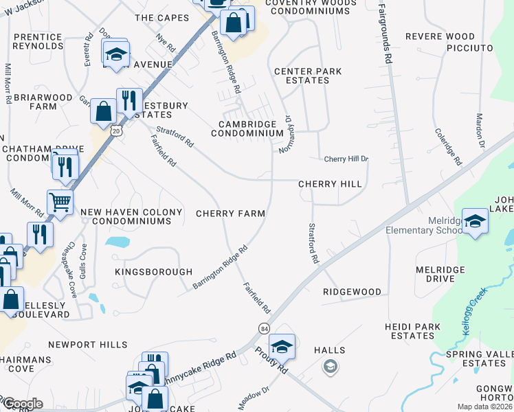 map of restaurants, bars, coffee shops, grocery stores, and more near 296 Barrington Ridge Road in Painesville