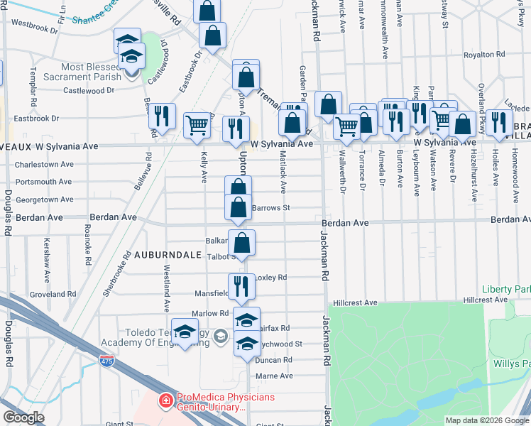 map of restaurants, bars, coffee shops, grocery stores, and more near 1808 Barrows Street in Toledo
