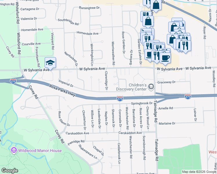 map of restaurants, bars, coffee shops, grocery stores, and more near 3903 Clareridge Drive in Toledo