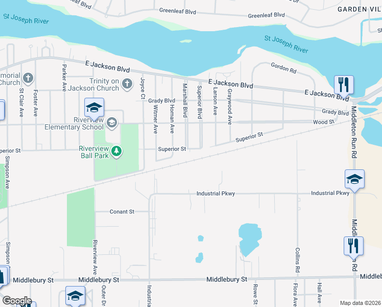 map of restaurants, bars, coffee shops, grocery stores, and more near 3120 Superior Street in Elkhart