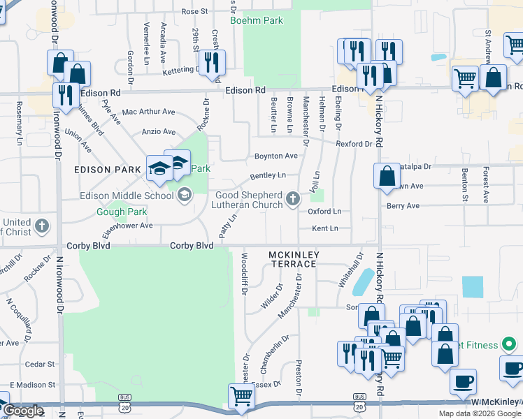 map of restaurants, bars, coffee shops, grocery stores, and more near 3100-3298 Voll Ln in South Bend