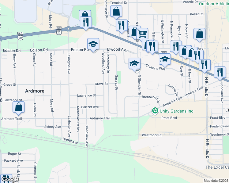 map of restaurants, bars, coffee shops, grocery stores, and more near 1122 Canterbury Drive in South Bend