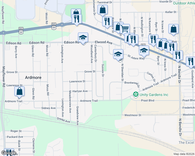map of restaurants, bars, coffee shops, grocery stores, and more near 1122 Canterbury Drive in South Bend