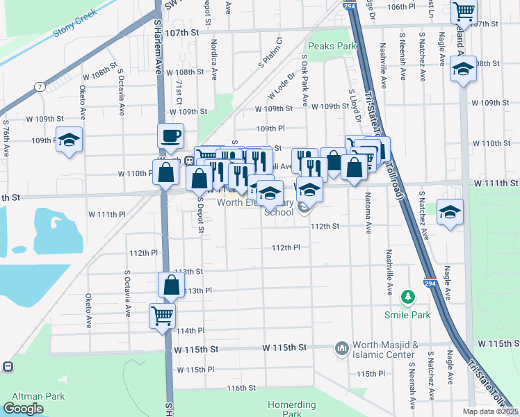 map of restaurants, bars, coffee shops, grocery stores, and more near 6900 111th Place in Worth