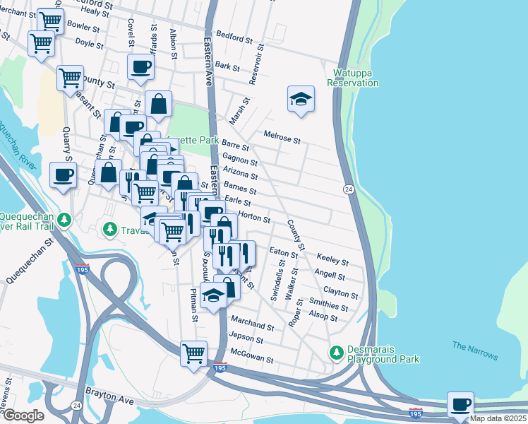 map of restaurants, bars, coffee shops, grocery stores, and more near in Fall River