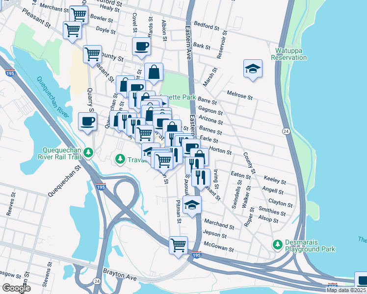 map of restaurants, bars, coffee shops, grocery stores, and more near 81 Bedard Street in Fall River