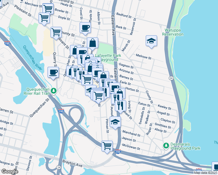 map of restaurants, bars, coffee shops, grocery stores, and more near 81 Bedard Street in Fall River