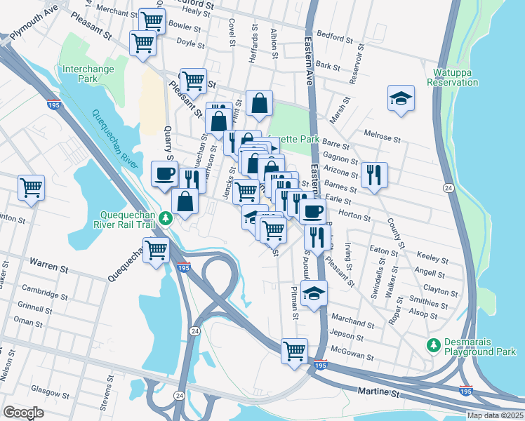 map of restaurants, bars, coffee shops, grocery stores, and more near 43 Claflin Street in Fall River
