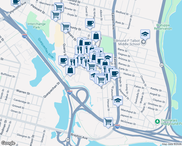map of restaurants, bars, coffee shops, grocery stores, and more near 43 Claflin Street in Fall River