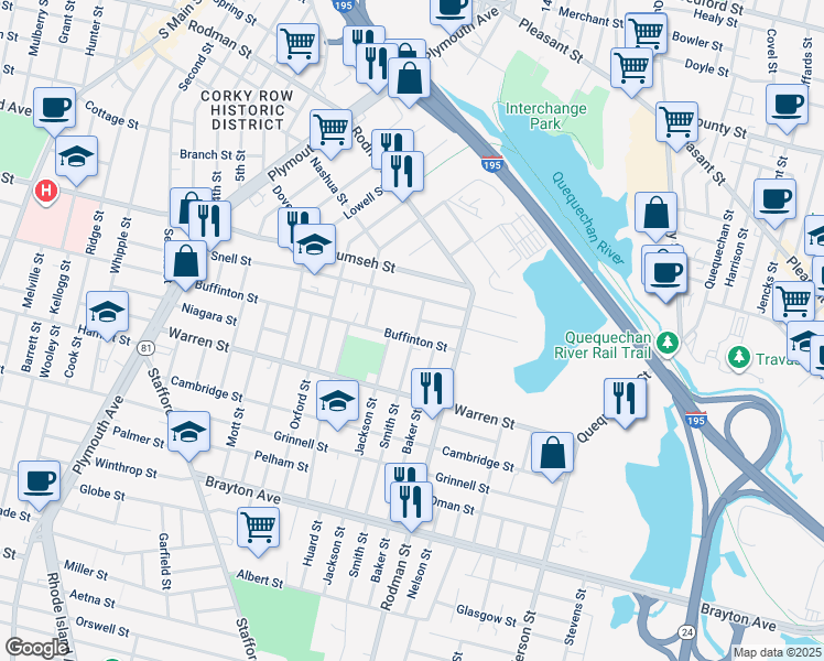 map of restaurants, bars, coffee shops, grocery stores, and more near 49 York Street in Fall River