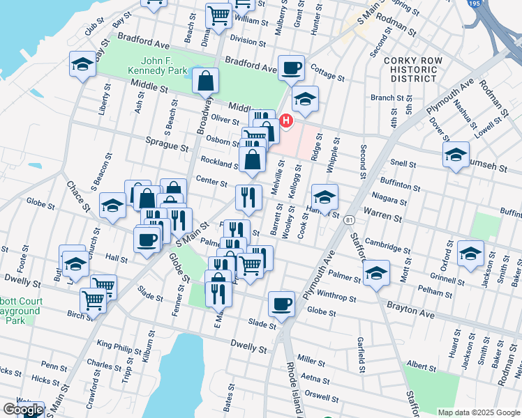 map of restaurants, bars, coffee shops, grocery stores, and more near 9 Hamlet Street in Fall River