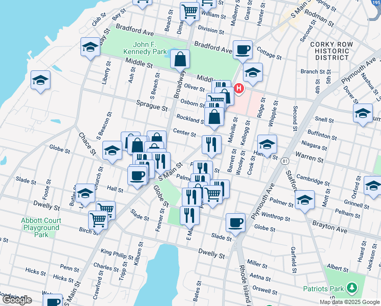 map of restaurants, bars, coffee shops, grocery stores, and more near 1149 South Main Street in Fall River